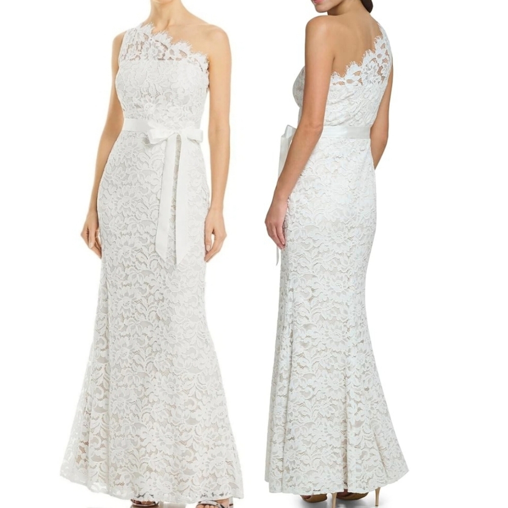 🔥Eliza J Elegant White Lace One-Shoulder Gown